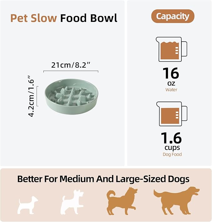 Havniva Ceramic 1.6 Cup Dog Bowl Slow Feeder, 8.2 inch Slow Pet Food Dish for Medium and Large Dog, Stop Bloat, Preventing Choking(Single Bowl, Light Green)