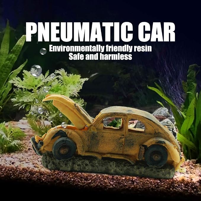 Aquarium Resin Ornament Decor, Imitation Car Wreck with Air Stone | Unique sunken car decoration for fish tank, Works with air pump to create bubble effect. Safe resin,non-toxic for fish