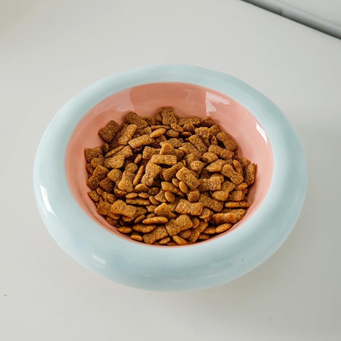 6-Inch Ceramic Cat Food Bowl,6 Oz Wide Shallow Cat Bowls,Whisker Fatigue Relief,Anti-Vomiting Design,Spine Protection for Cats,Dishwasher and Microwave Safe,Set of 1(Pink and Blue)