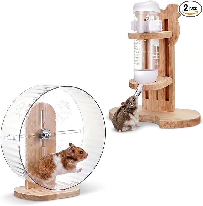 2 Pcs M, 9.5 Inch Transparent Hamster Wheel Adjustable Silent Exercise Wheel with Water Bottle Stand Stable Running for Dwarf Hamster Gerbil Mouse Small Animal Cage Accessories