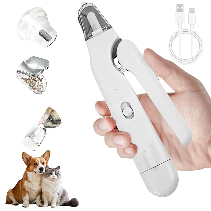2-in-1 Dog Nail Grinder & Cat Nail Clippers Trimmers for Large Medium Small Dogs Cats Claw Trimmer Quick Sensor with 2 LED Lights Safety Guard USB Rechargeable Dogs Nail Trimmer (White)