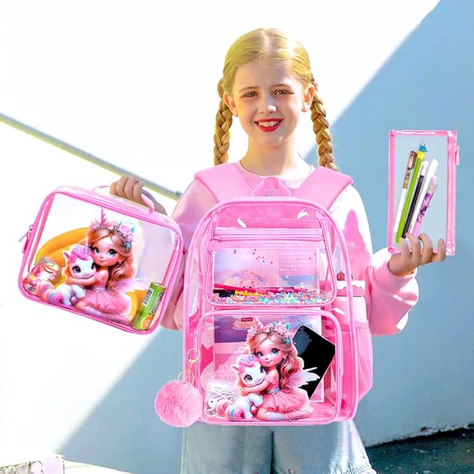 Clear Backpack for Girls and Boys, Kids Transparent Bookbag, 3PCS Cute See Through School Bag for Elementary Prechool