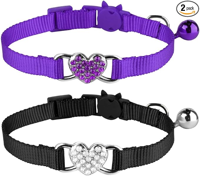 Mtliepte 2 Pcs Cat Collars Heart Bling Breakaway with Bell Nylon Adjustable for Kitty(Black+Purple)