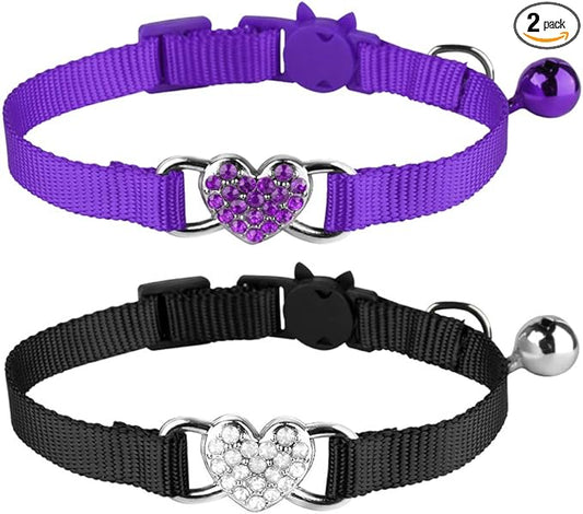 Mtliepte 2 Pcs Cat Collars Heart Bling Breakaway with Bell Nylon Adjustable for Kitty(Black+Purple)