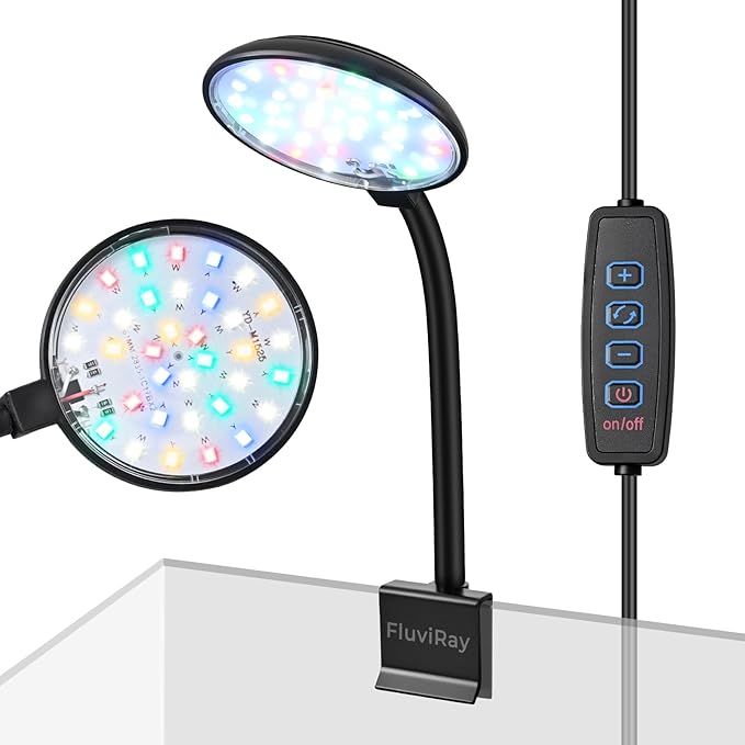 Mini Clip-On Aquarium Light 7W USB Dimmable Fish Tank Lamp with 3 Light Modes (White/RGB/Full Spectrum), 9-Level Brightness, 360° Adjustable Gooseneck for 1–3 Gallon Tanks