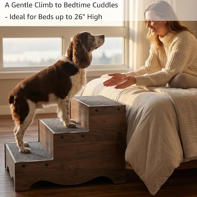 beeNbkks Dog Stairs Furniture, Extra Wide Wooden Pet Steps for Medium Large Dogs and Cats, Non-Slip Pet Ladder for Elderly Injured Pets Short Legged Puppy to Reach Couch Sofa High Bed Windowsill
