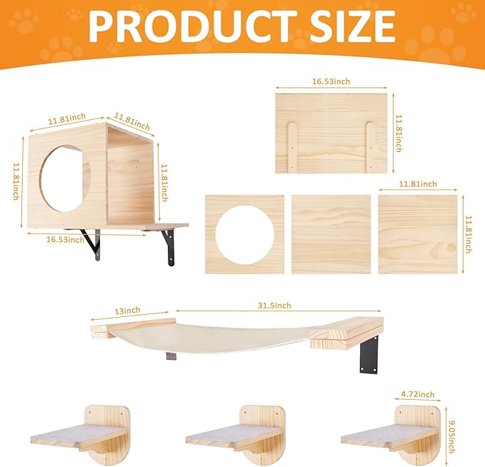 TIMIEEYA Cat Wall Shelves - Stable & Safe 5 in 1 Cat Walls Furniture Set, Wooden Kitten Climbing Wall with 1 Condos House, 1 Hammock & 3 Wall Steps
