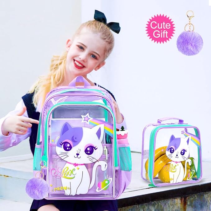KLFVB 3PCS Clear Backpack for Girls and Boys, Kids See Through Backpacks Stadium Approved, Transparent Bookbag for Elementary