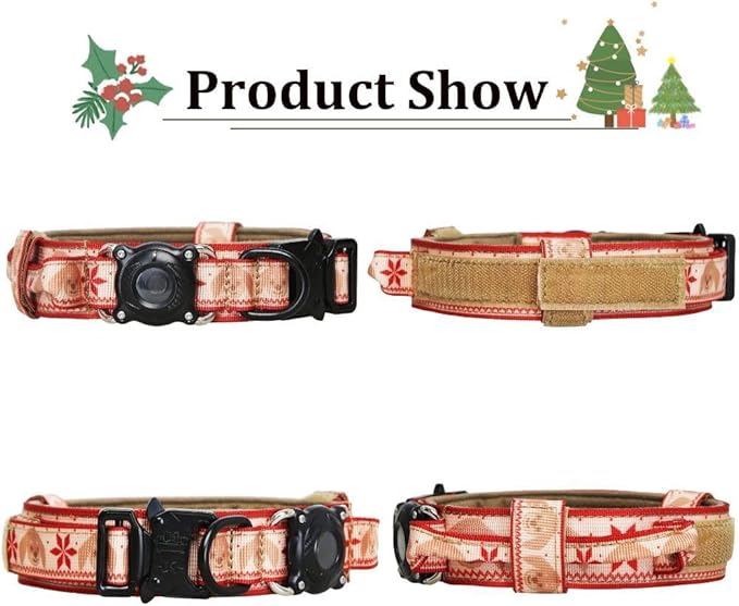 Christmas Tactical Dog Collar and Leash Set with Airtag Holder Waterproof Dog Airtag Collar with Handle Adjustable Heavy Duty Dog Collar Leash Set(Christmas Red，XXL