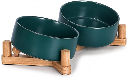 Elevated Ceramic Dog Bowls for Small Dogs, Raised Dog Bowl Set with Adjustable Wood Stand, Non-Slip Pet Feeding Station, Food & Water Bowls for Cats & Small Dogs 13.5 oz (Green)