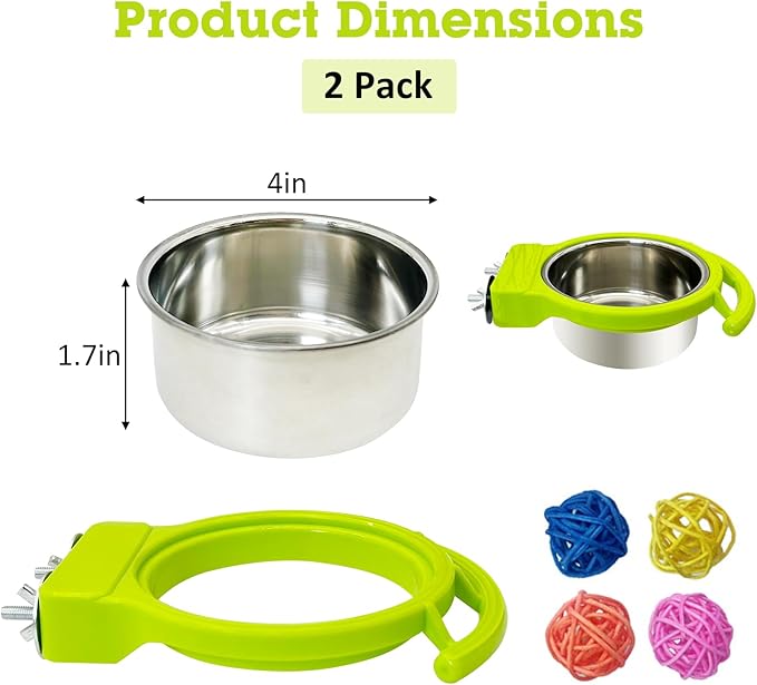 Stainless Steel Bird Bowls for Cage 2 Pcs Parrot Feeding Dish Metal Food and Water Cups Detachable Birds Cage Feeder Hanging Finch Food Plates with Perch for Parakeet Budgie Lovebird (Green)