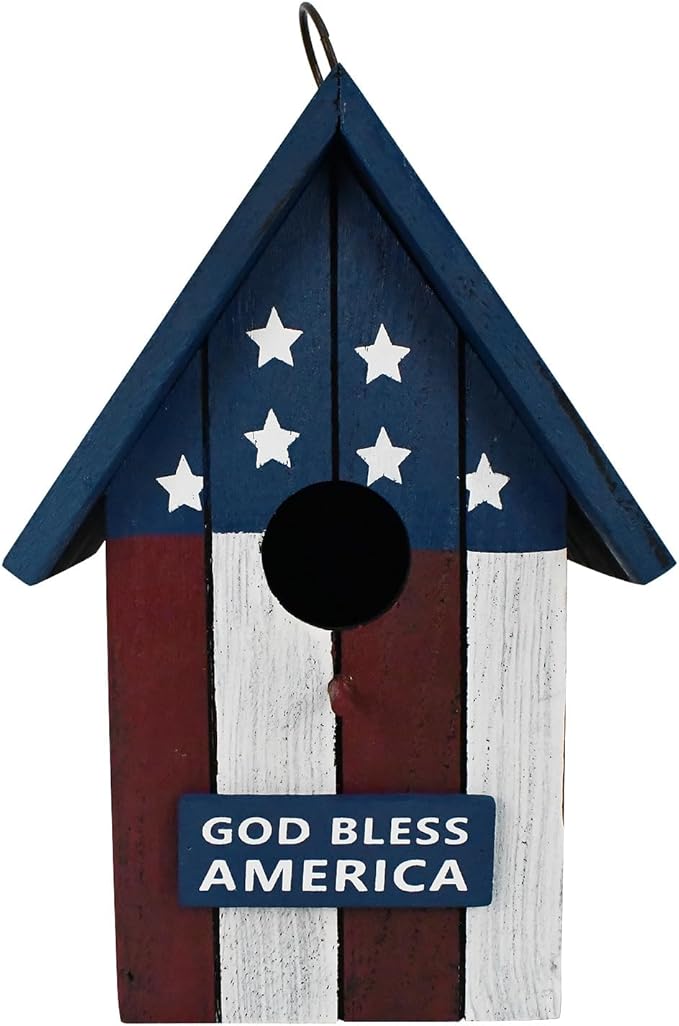 Linfevisi Wooden Patriotic Bird House Bluebird Nest Box American Flag Birds Boxes Home Wood Birdhouses Hanging Outdoor Decorative for Wren Finch Chickadee Sparrows Cardinals Tree July 4th(B)