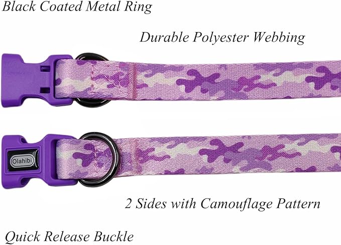Dog Collar Leash Set, Camouflage Pattern, Polyester Material, Adjustable Collar and 5ft Matching Leash, for Large Dogs.(L, Purple Camo)