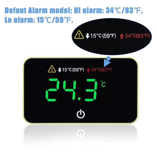 Aquarium Digital Thermometer with LED Touch Screen - Stick-on Fish Tank Thermometer for Betta Tanks, HI/LO Temperature Alarm, Cordless Waterproof Sensor, CR2032 Battery (14-140°F/-10-60°C)