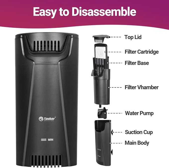 Yaubay Quiet Internal Aquarium Filter, 3-Stage Bio Filtration Low-Level Waterfall 5W Power Fish Tank Filter with Protective Grate for Up to 20 Gallon Betta Turtle Shrimp Tank, 90GPH (Filter)
