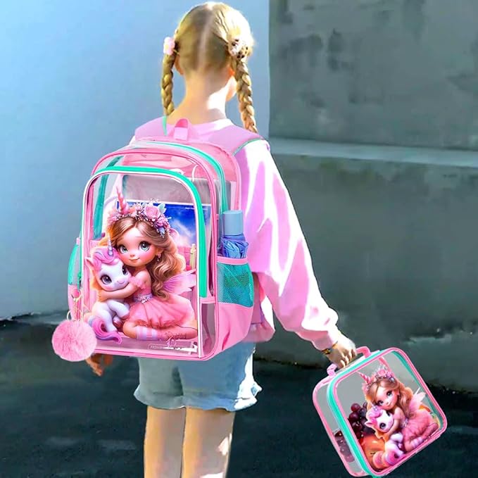 AGSDON Clear Backpack for Girls, Kids Unicorn Transparent Backpack with Heavy Duty PVC, See Through Backpacks with Lunch Bag- Pink Unicorn