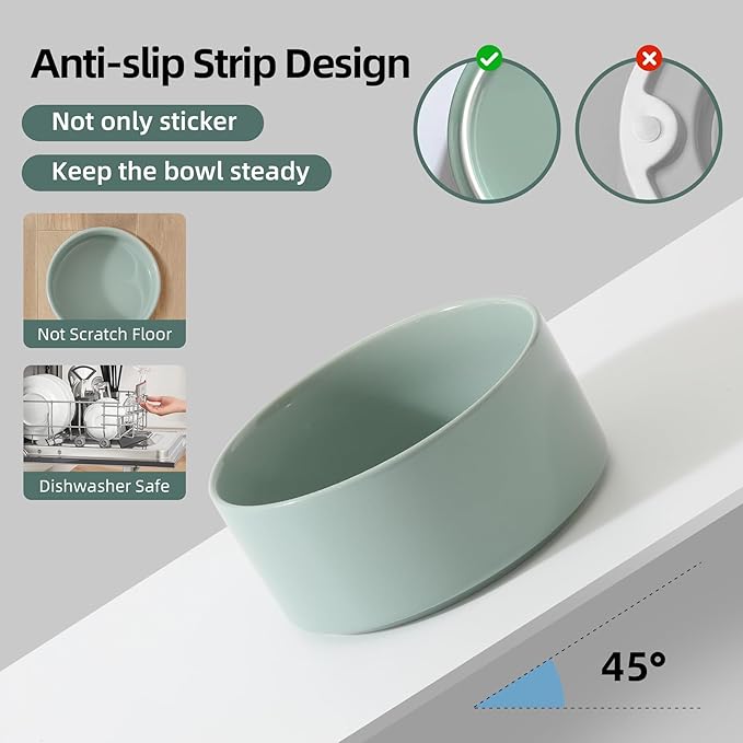Havniva Ceramic 8.2inch Raised Dog Bowl with Stand for Large- Breed Dogs, Pet Food and Water Feeder (Double Bowl with Stand - Light Green)