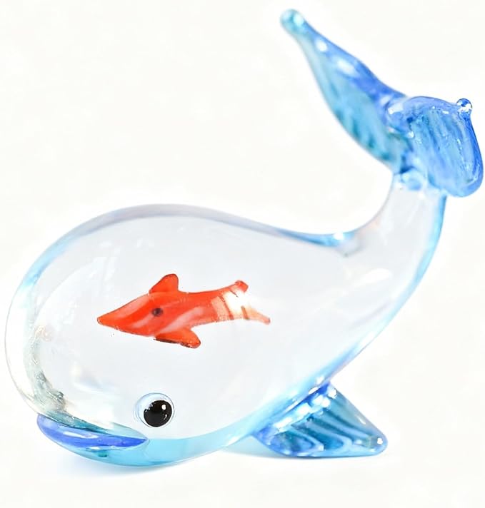 Miniature Glass Goldfish Decor Lucky Bag Fish Desktop Ornaments Cute Bubble Figurine Decorative Cartoon Aquarium Fish Statue Gift for Seaworld Ocean Lover (Whale)