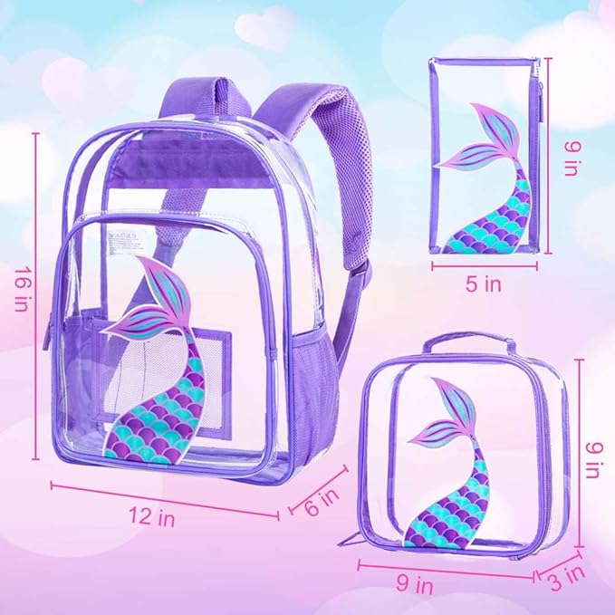 Clear Backpack for Girls and Boys, Kids Transparent Bookbag, 3PCS Cute See Through School Bag for Elementary Prechool