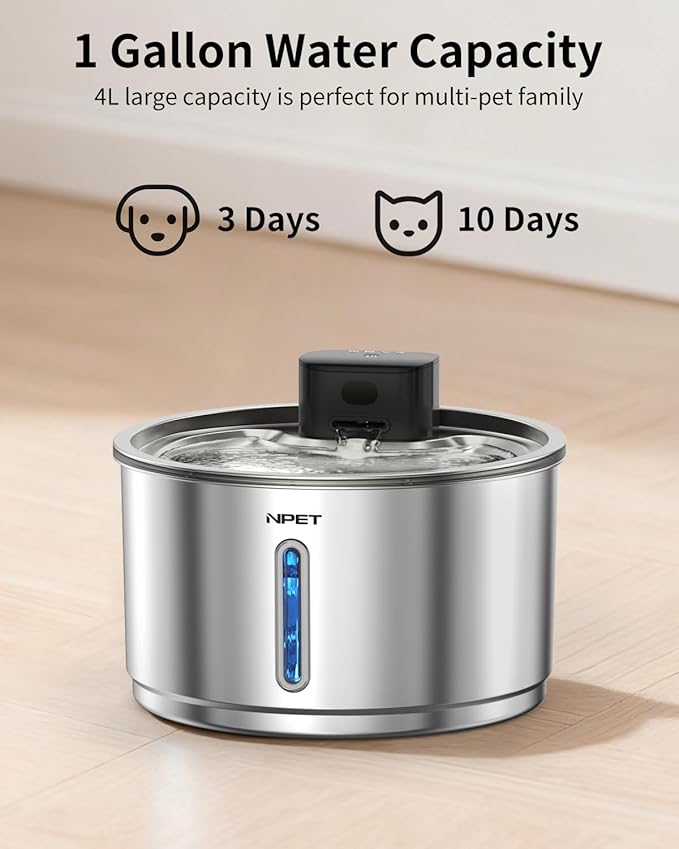 NPET Wireless Cat Water Fountain Stainless Steel, 1 Gallon/135oz Battery Operated Automatic Pet Drinking Fountain - Cordless Dog Water Dispenser with Water Level Window for Cats Indoor