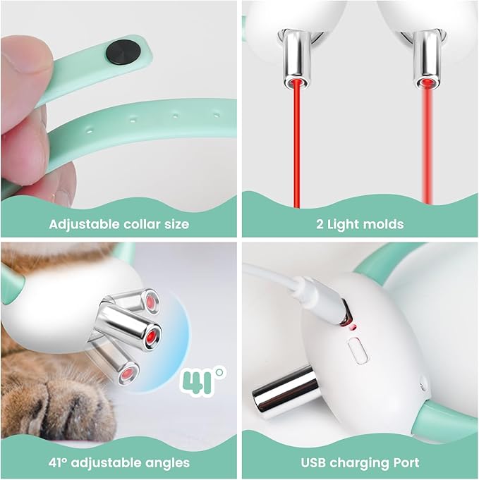 Automatic Laser Collar Cat Toy, Upgraded Laser Cat Toys, Flashing and Lasting modes, 8-12″ Bend Collar & 41°Adjust Angle free hands. Type-C USB Charge 1H and works 12H. Gifts for Ailurophile (Green)