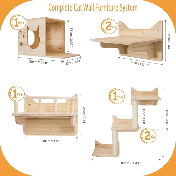 Cat Wall Shelves for Large Cats, 9PCS Solid Pine Cat Wall Furniture Set with House, Ladder Steps & Sisal Scratching Posts, Sturdy Mounted Climbing Shelves for Indoor Cats
