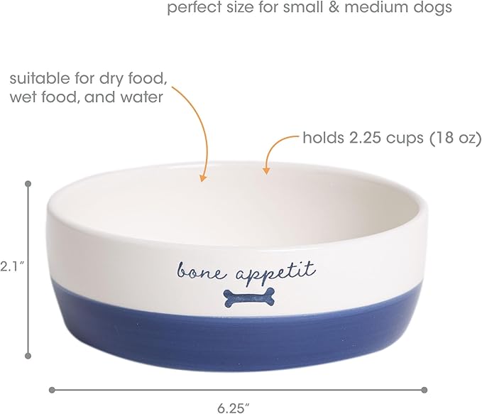 Pearhead Ceramic Dog Bowl – White & Navy “Bone Appétit” Design, Stoneware Pet Dish, Non-Skid Feeding Bowl, Small/Medium 2.25 Cups/ 18 oz