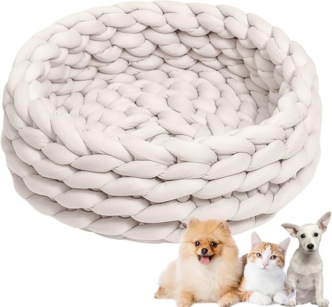 Woven Dog Bed Basket, Knitted Cotton Cat Bed Round Washable Woven Cat Pet Bed Chunky Dog Basket, Orthopedic, Chunky Knit Dog Nest,Dog Bed,Dog Cave,Dog Bedding(Beige,17")