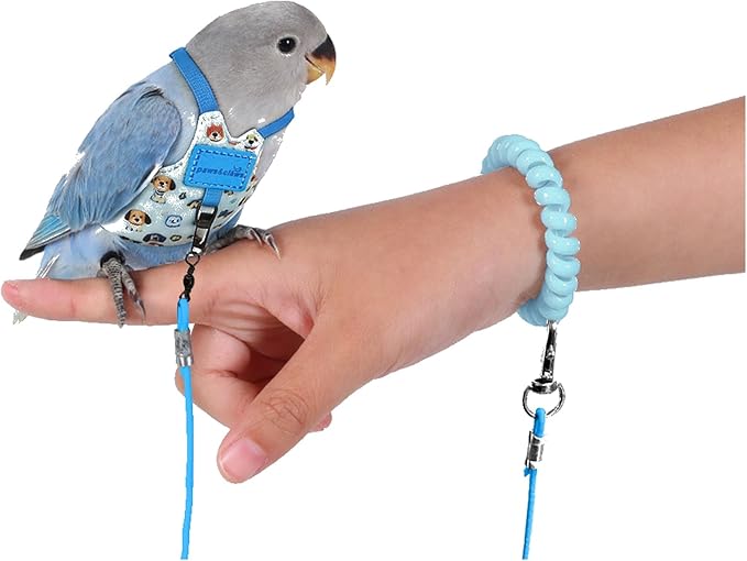 Bird Harness Leash Set Adjustable Vest Anti-Lost Wrist Strap for Parakeet Cockatiel Conure Lovebird (Blue, Caique Parrot 13 * 7.5cm/6g)