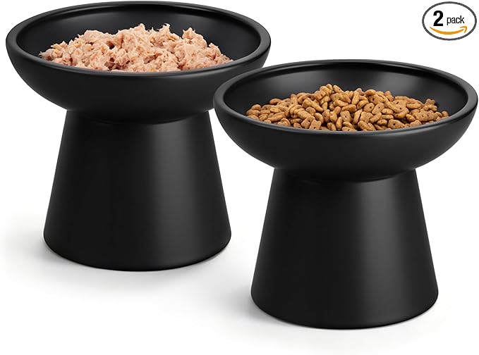 vancasso Elevated Cat Food Bowls 2-Pack, 6.2" Wide Shallow Cat Feeding Bowl for Whisker Fatigue, 5.1" Height Ceramic Raised Food Bowls for Senior Cats, Anti Vomit, Black