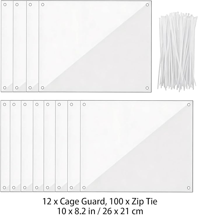 12 Pcs Clear Plastic Cage Guard Panels, 10 x 8.2 in Pet Habitat Siding, Splatter Anti-Splash Fence Dividers with 100 Zip Ties for Rabbit Cages, Guinea Pig Enclosures, Small Animal Protection