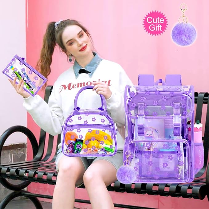 17" Plum Blossom Clear Backpack for Girls - 3Pcs Flip Design Stadium Approved Set, Campus/School Transparent Bookbag (Purple)