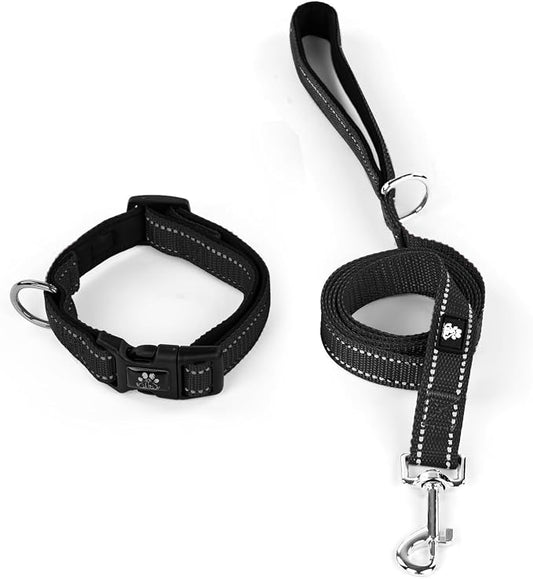 IVY&LANE Reflective Dog Collar and Leash Set,Adjustable Neoprene Padded Dog Collars for Puppy, Breathable Nylon Pet Collar for Small Medium Large Dogs (Large,Black)