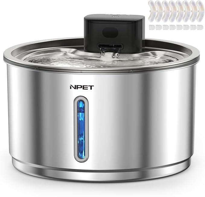 NPET Wireless Cat Fountain Stainless Steel, 1 Gallon/135oz Battery Operated Automatic Pet Drinking Fountain - Cordless Dog Water Dispenser with 8 Replacement Filters for Cats and Dogs Indoor
