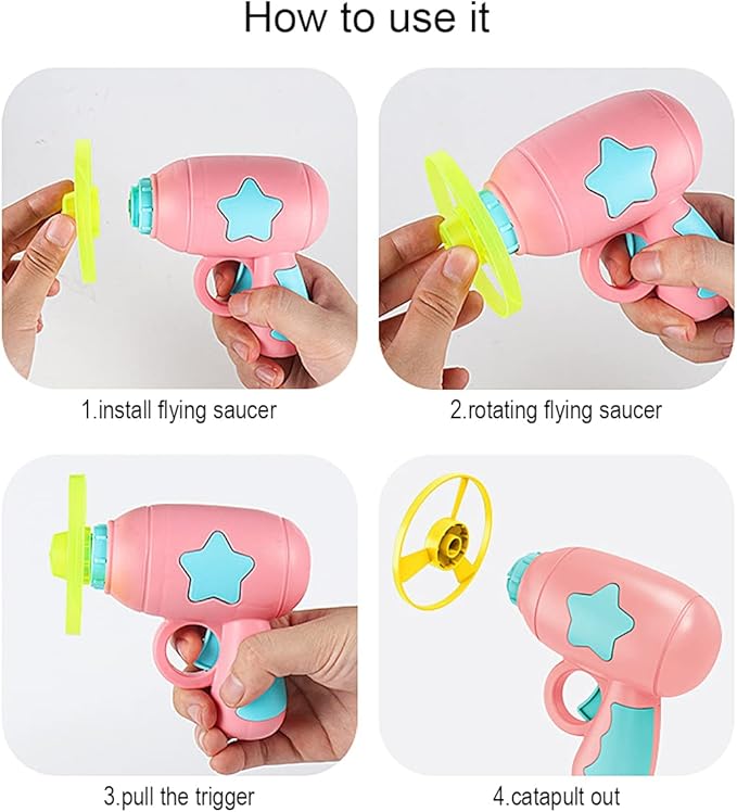 Berry President Flying Saucer Toy, Flying Disc Launch Playset with Rotating Flash Light, Indoor Outdoor Twist Shoot Toy for Kids Aged 3 Years Old & Up (Pink)