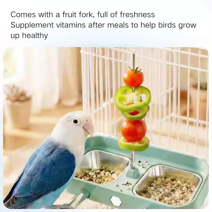 Bird Feeder Birds Bowls Stainless Steel Dishes Coop Cups with Fruit Skewer, Parrot Feeding Dish Cups Food Water Bowls with Bird Food Holder for Budgies Lovebirds (Blue,Oval)