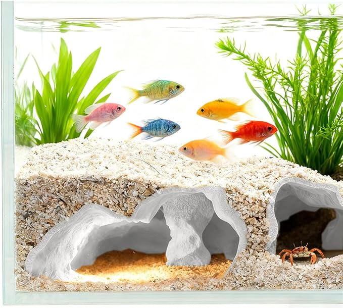 3D Printed Aquarium Cave Tunnel - Fish Tank Decoration Natural Fish Hideout for Pleco, Shrimp & Corydoras | Sinking Base & Viewing Ports | Substrate-Friendly Decor (6.7" Under Gravel Design)