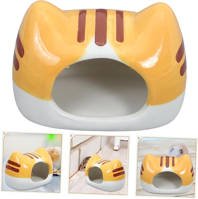 Ceramic Hamster Hideout Bed Cat-Shaped Cozy Nest for Dwarf Hamsters Gerbils and Mice Unique Floral Design Multifunctional Toy and Shelter for Small Pets