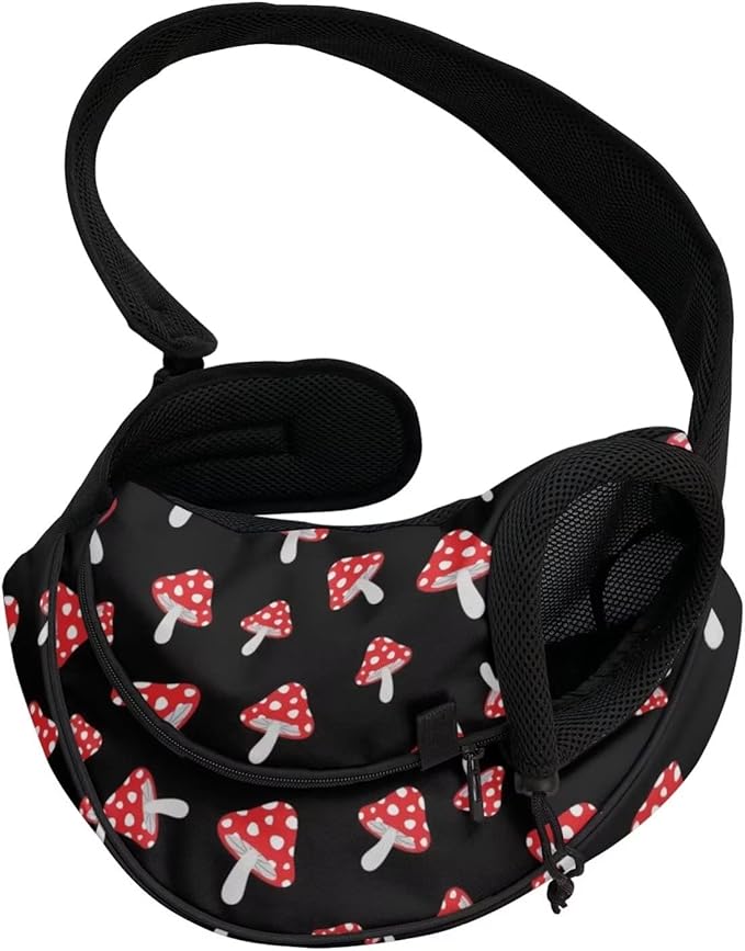 FUSURIRE Mushroom Print Pet Carrier Sling with Adjustable Strap and Zipper Open, Cute Small Dogs Cats Travel Carrier Bag for Women Men Black White Hand Free Pet Front Sling Pack