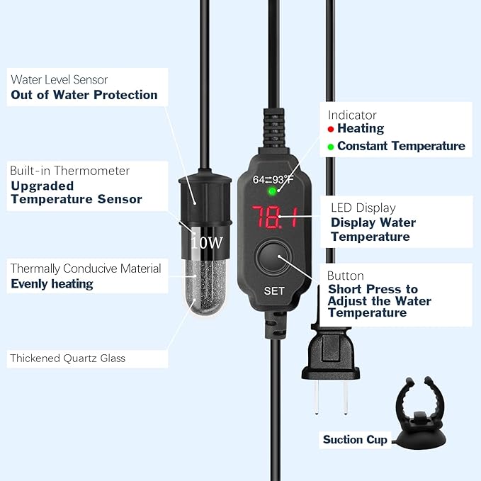 YOFOTHS Adjustable Mini Aquarium Heater 0.5/1/2/3 Gallon Submersible Small Fish Tank Heater 10W/20W/30W Digital Display Thermostat External Temperature Controller (10W)