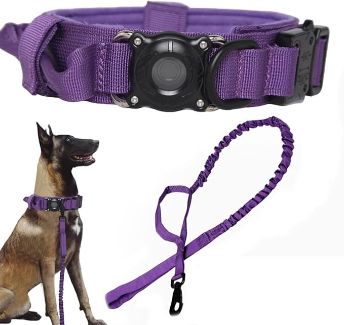 Xqpetlihai Tactical Dog Collar with Airtag Holder Waterproof Airtag Dog Collar with Control Handle and Metal Buckle(DeepPurple，XL