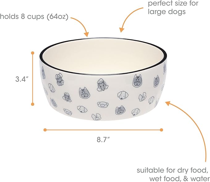Pearhead Ceramic Dog Bowl Extra Large 8 Cup – Puppy Faces Pattern, Durable Heavyweight Pet Food & Water Bowl, Neutral Modern Design, XL 64 oz