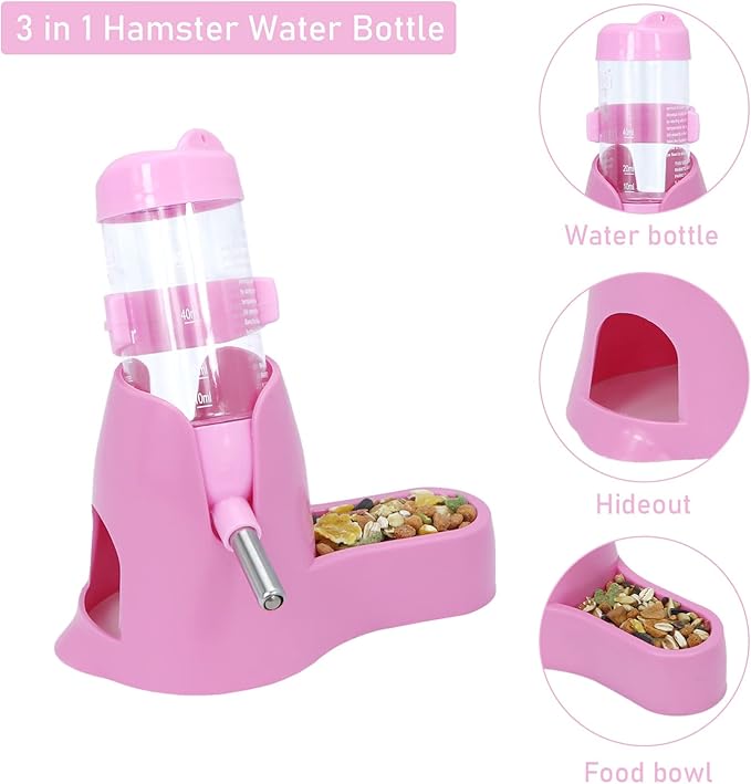 3 in 1 Hamster Hanging Water Bottle Pet Auto Dispenser with Base for Dwarf Hamster Mouse Rat Hedgehog (80ML, Pink)