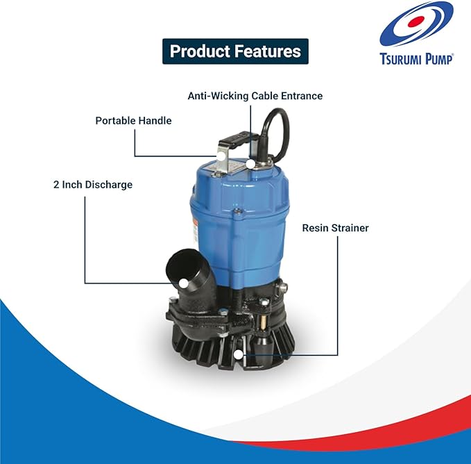 Tsurumi Pump HS2.4S Submersible Trash Pump with Agitator 1/2 HP 115V 2 in Discharge Ideal for dewatering applications with sand, solids, and other debris | 39 GPM / 2340 GPH