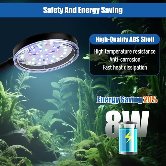 Clip On Aquarium Light 8W LED Fish Tank Light with Full Spectrum & Dimmable Brightness Timing USB Moving Aquarium Lamp for 1-5 Gallon Betta Fish Tanks