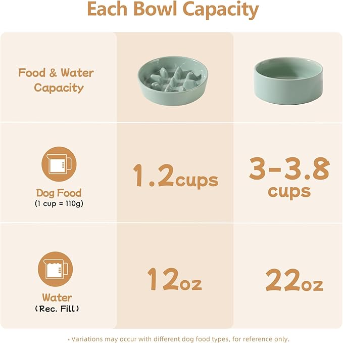 Havniva Ceramic 1.2 Cup Raised Slow Feeder Dog Bowl Set, Elevated 6.1inch Bowl and 7.3inch Slow Pet Food Dish with Wooden Stand for Small and Medium Dog (2 x Light Green+ Stand)