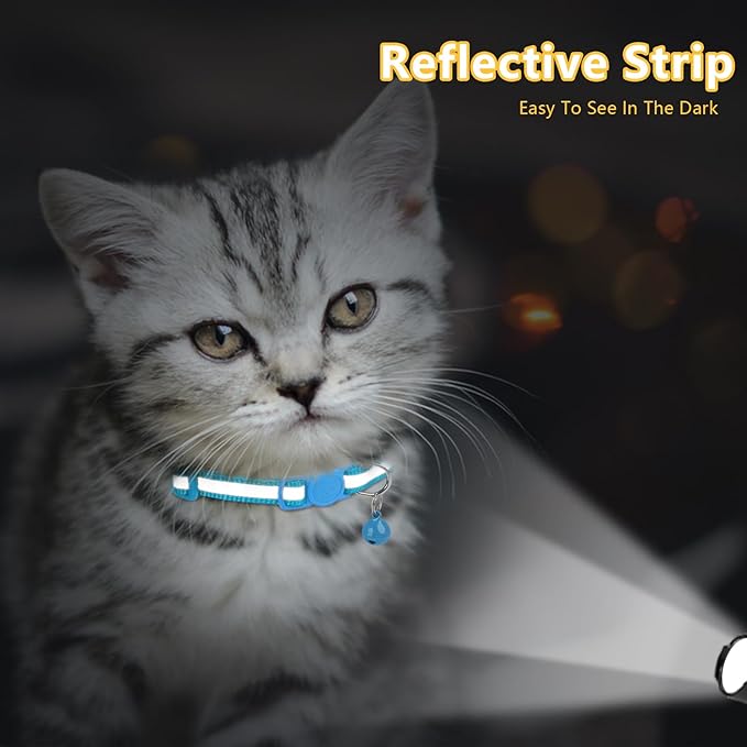 Taglory Kitten Collar Breakaway with Bell, Reflective Soft Cat Collar for Small Kittens, Adjustable 6-8 Inch High Visibility Night Strip, Lightweight for 2-6 Months Baby Cats, 2 Pack, SkyBlue