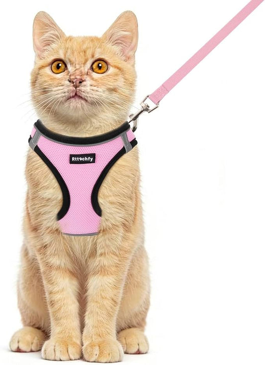Rttochfy Cat Harness and Leash Set, Escape Proof Kitten Harness, Soft and Breathable Vest with Reflective Strip, Easy to Wear for Cats Walking and Traveling (BK Pink, M)