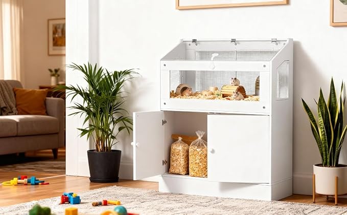 Hamster Cage with Storage Cabinet, Small Animal Cage with Acrylic Viewing Window & Ventilated Mesh, Large Pet Habitat Enclosure for Guinea Pig, Mice, Gerbils, Hedgehogs, Rats, Rabbit