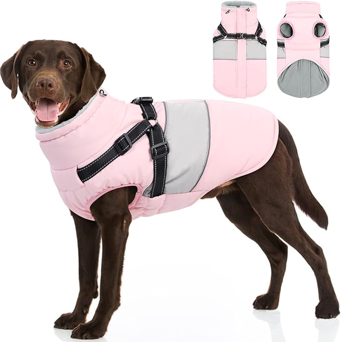 Dog Jacket, Large Dog Coat with Harness Built in, Warm Pet Winter Jacket Zippered Snow Coat with Furry Collar, Waterproof Fleece Snowsuit for French Bulldog, Pink L